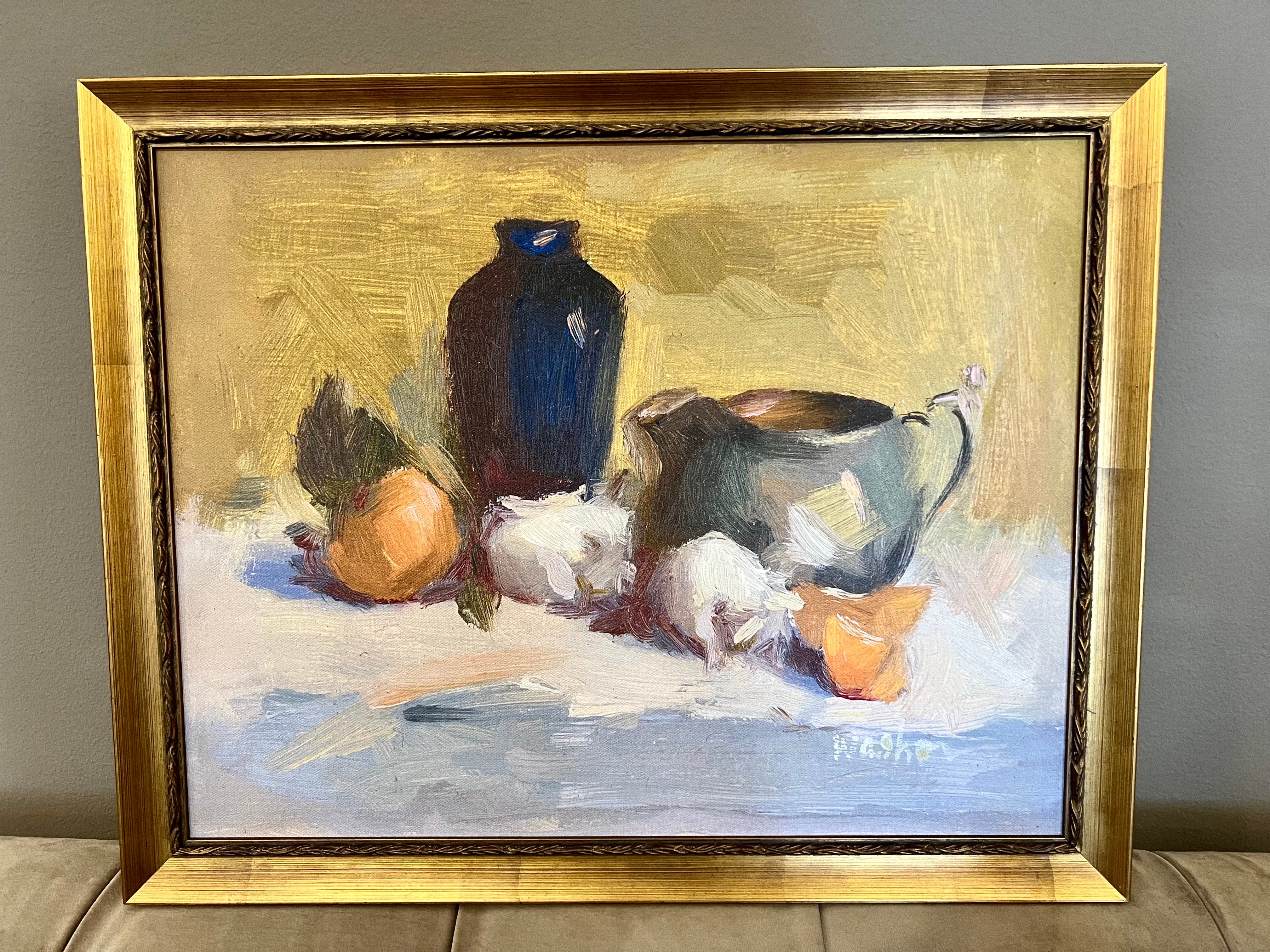 Blue Bottle with hot Orange Still Life